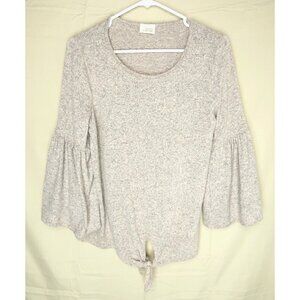 Anthropologie Caution To The Wind Gray Sweater Bell Sleeve Tie Scoop Neck Top